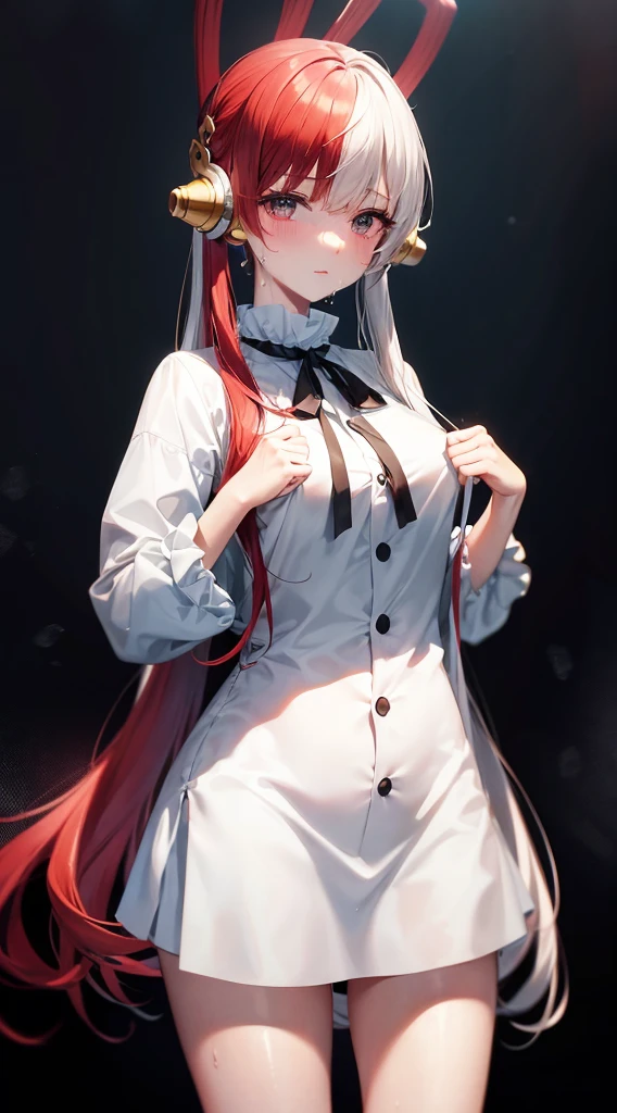 masutepiece、Best Quality、hight resolution、tre anatomically correct、((maid clothes))、a miniskirt、bedroom、(Vibrant colors：1.2)、(​masterpiece：2.0)、onepiece、Uta、blanche、left red hair、right gray hair、Not wearing pants、divine spirit、Flushed cheeks、Beautiful girl in every detail、Body shining with sweat、Wet、Seductive thighs、sexy  pose、Hair above one eye、(frombelow:1.5)、Pussy、Female genitals、vaginal、Intravaginal、Expansion、You can see inside the skirt、Female genital exposure