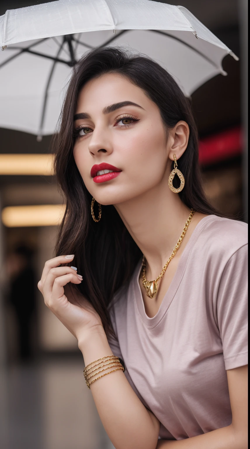 (RAW photo, realism: 1.8), (dark lip gloss, light red lipstick, many eyelashes, dark black eye shadow, very shy, very blushing, high quality, high resolution, depth of field, chromatic aberration, caustic, wide light, natural colors, 30 year old woman), neck thin gold chain, golden nose pin, small earrings, gold bracelets, wear many accessories, small toned breasts, style A good woman, fair glowing pink skin, ((Best Quality, 8k, Masterpiece:1.3)), Focus: 1.2, Perfect Body Beauty: 1.4, Arabian 30 years old woman: 1.2, ((Short silky Hairs)), (Purple baggy basic tee-shirt:1.1), silk golden tee-shirt, Highly detailed face and skin texture, Detailed eyes, Double eyelids, toned body, Whitened skin, minor smile, small breasts, toned legs, beautiful detailed feets, long heel's, detailed feets and fingers, perfect feet's, toned legs, whitened skin, detailed sharp eyes and face, middle eastern woman, baggy basic tee-shirt, simple plain Baggy Tee-shirt, toned hips, 8K UHD, neck gold chain, model looks, standing outside at ((Dolman Mall Clifton Karachi)) carrying brown leather hand bag, rainy weather, wearing wrist watch, bracelet, bangle's open legs style Posing, rainy atmosphere, standing at Dolman Mall Clifton Karachi,