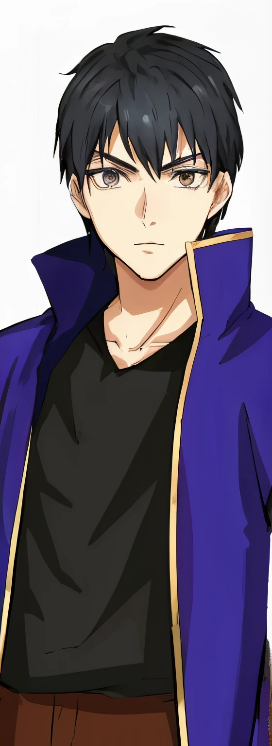 Anime black eye and black hair ager male in a blue coat holding a sword, full portrait of electromancer, tall anime guy with blue eyes,a paladin, varguyart style, fullbody rpg portrait, rpg portrait full body, full portrait of elementalist, official art,