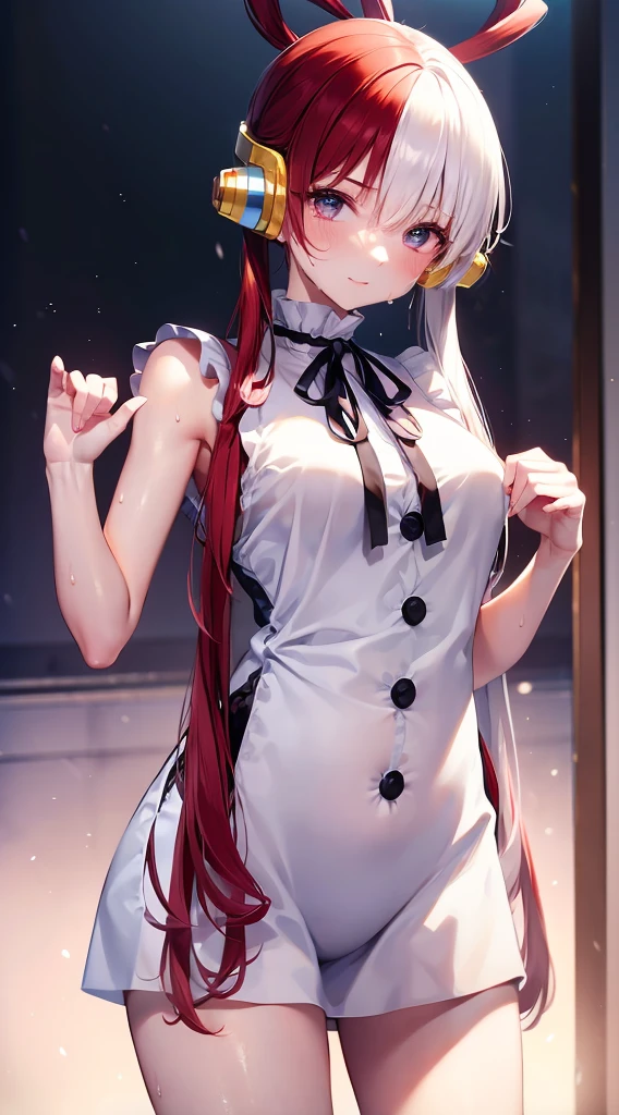 masutepiece、Best Quality、hight resolution、white dres、a black ribbon、(Vibrant colors:1.2)、(masterpiece:2.0)、onepiece、Uta、blanche、left red hair、right gray hair、Not wearing pants、divine spirit、Flushed cheeks、Beautiful girl in every detail、Body shining with sweat、Wet、Seductive thighs、sexy pose、