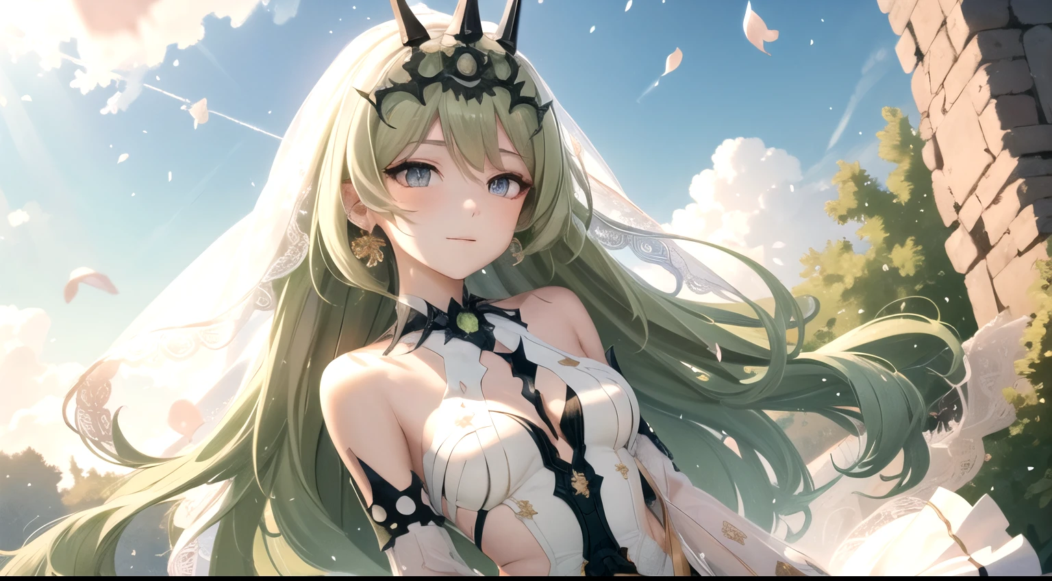 high detail, symmetrical, masterpiece, best quality, mobius (honkai impact), honkai (series), honkai impact 3rd, 1girl, solo, green hair, long hair, looking at viewer, small breasts, same eye colour,  outdoors, bridal veil, yellow hair ribbon, lace sleeves, wedding dress, long dress, lace dress, church, floral background, light particle, falling petals, wind, , sky, cloud, tiara