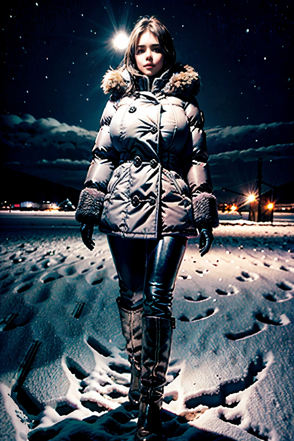 Beautiful busty in a down coat, photogenic pose, dark snowy night field, full body shot, giga-busty --ar 2:3