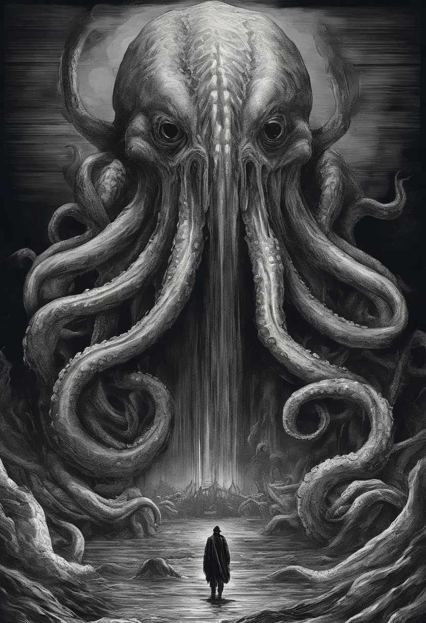 Giant octopus monster,Cthulhu in the Cthulhu Mythos,University teacher'Looking directly at,extremely dangerous,The huge body is shocking,spread throughout the sky,The horror of despair,The atmosphere is oppressive,The spectacle is spectacular,Hero holding sword,Fight back bravely,real face