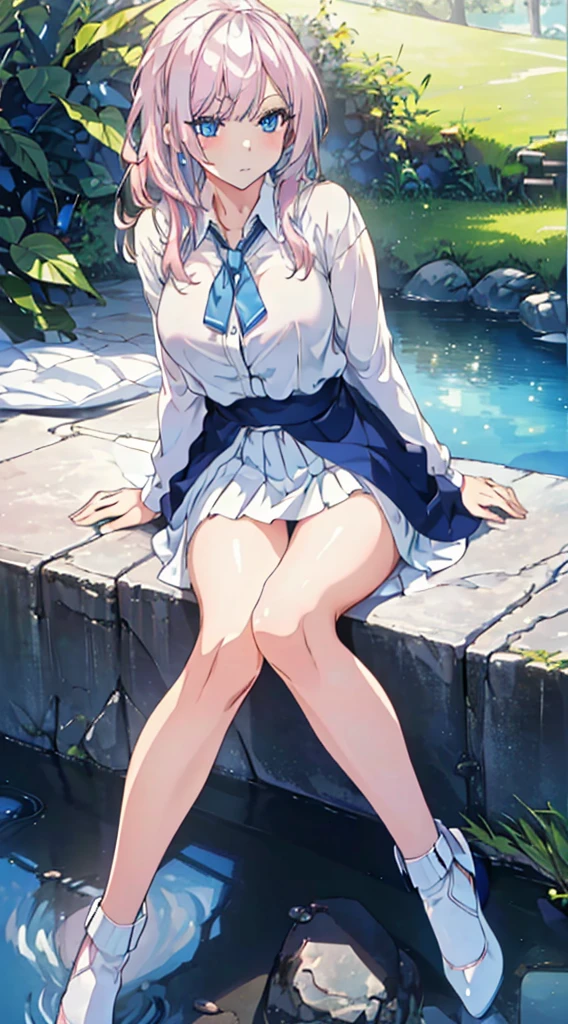 (best quality,4k,8k,highres,masterpiece:1.2),ultra-detailed,realistic:1.37,beautiful,detailed,blue eyes,pale pink hair,long eyelashes,sitting on the ground,legs open,short skirt,white panties,beautiful and perfect legs,clean and perfect hands,conceptual art style,vivid colors,soft lighting