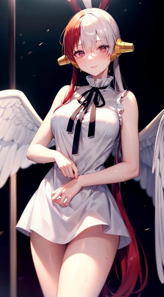 masutepiece、Best Quality、hight resolution、tre anatomically correct、((stage))、microphone、((live))、dance、white dres、Black ribbon at chest、a miniskirt、(Vibrant colors：1.2)、(​masterpiece：2.0)、onepiece、Uta、blanche、left red hair、right gray hair、Not wearing pants、divine spirit、Flushed cheeks、a smile、Beautiful girl in every detail、Body shining with sweat、Wet、Seductive thighs、sexy  pose、Hair above one eye、(frombelow:1.5)、Pussy、Female genitals、vaginal、Intravaginal、Expansion、You can see inside the skirt、((Female genital exposure))、Lit up、(pointy tits:1.6)
