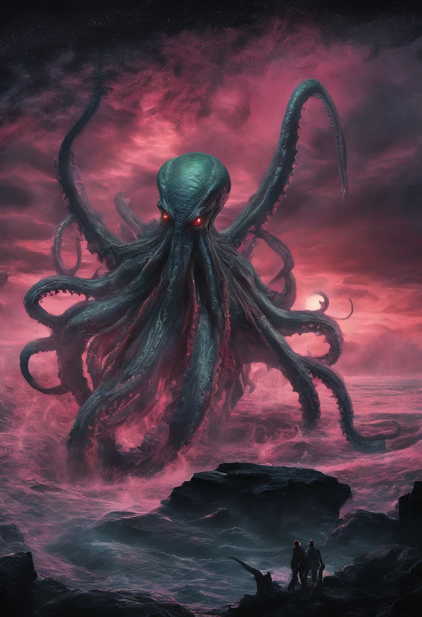 Giant octopus monster，Cthulhu in the Cthulhu Mythos，University teacher&#39;Looking directly at，extremely dangerous，The huge body is shocking，spread throughout the sky，The horror of despair，The atmosphere is oppressive，The spectacle is spectacular，Hero holding sword，Fight back bravely,real  face