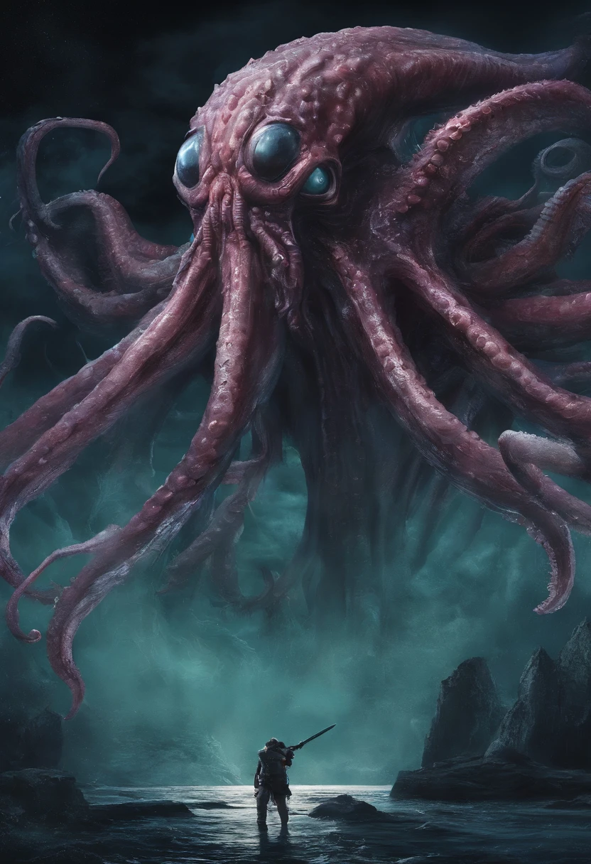 Giant octopus monster,Cthulhu in the Cthulhu Mythos,University teacher'Looking directly at,extremely dangerous,The huge body is shocking,spread throughout the sky,The horror of despair,The atmosphere is oppressive,The spectacle is spectacular,Hero holding sword,Fight back bravely,real face