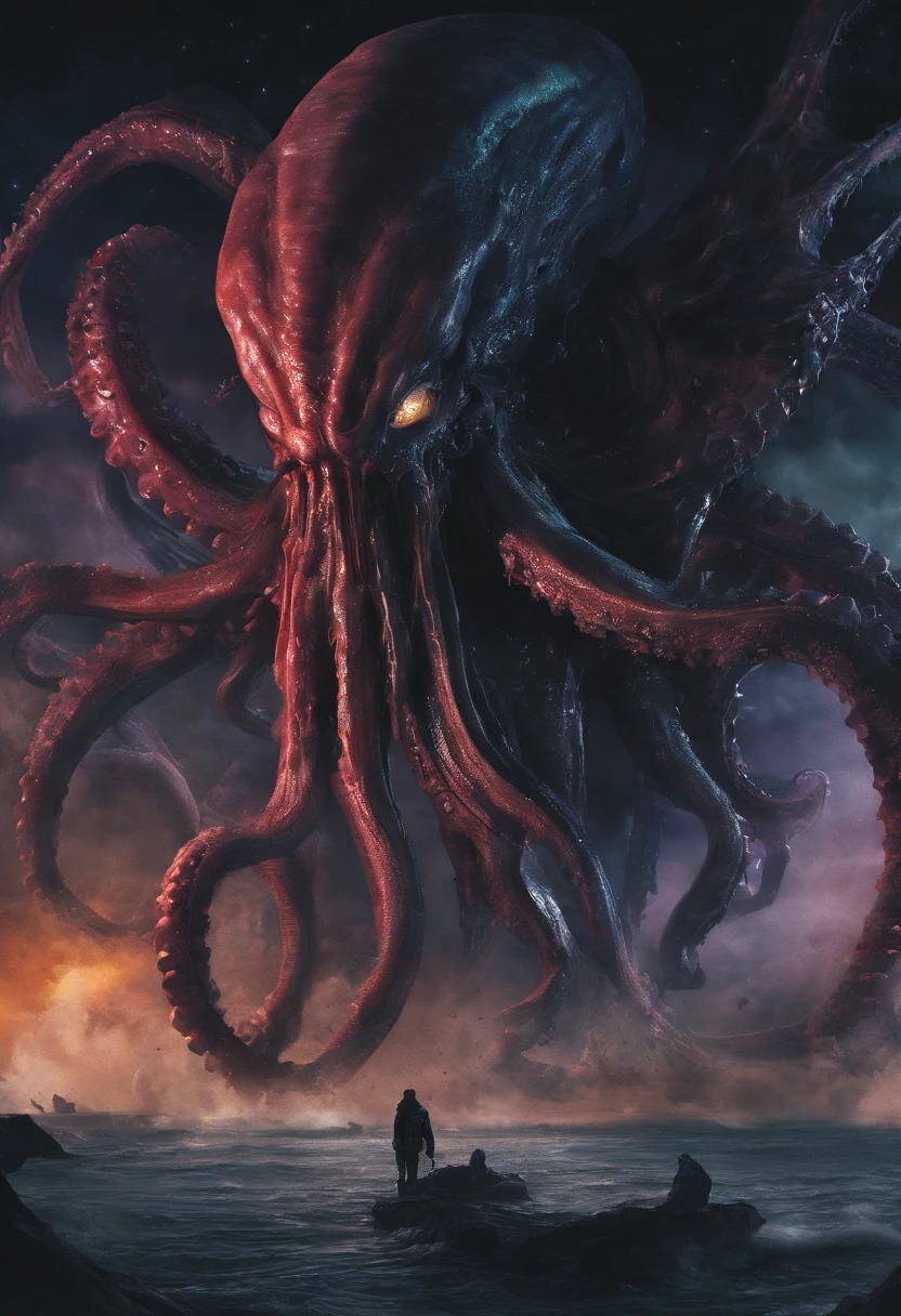 Giant octopus monster,Cthulhu in the Cthulhu Mythos,University teacher'Looking directly at,extremely dangerous,The huge body is shocking,spread throughout the sky,The horror of despair,The atmosphere is oppressive,The spectacle is spectacular,Hero holding sword,Fight back bravely,real face