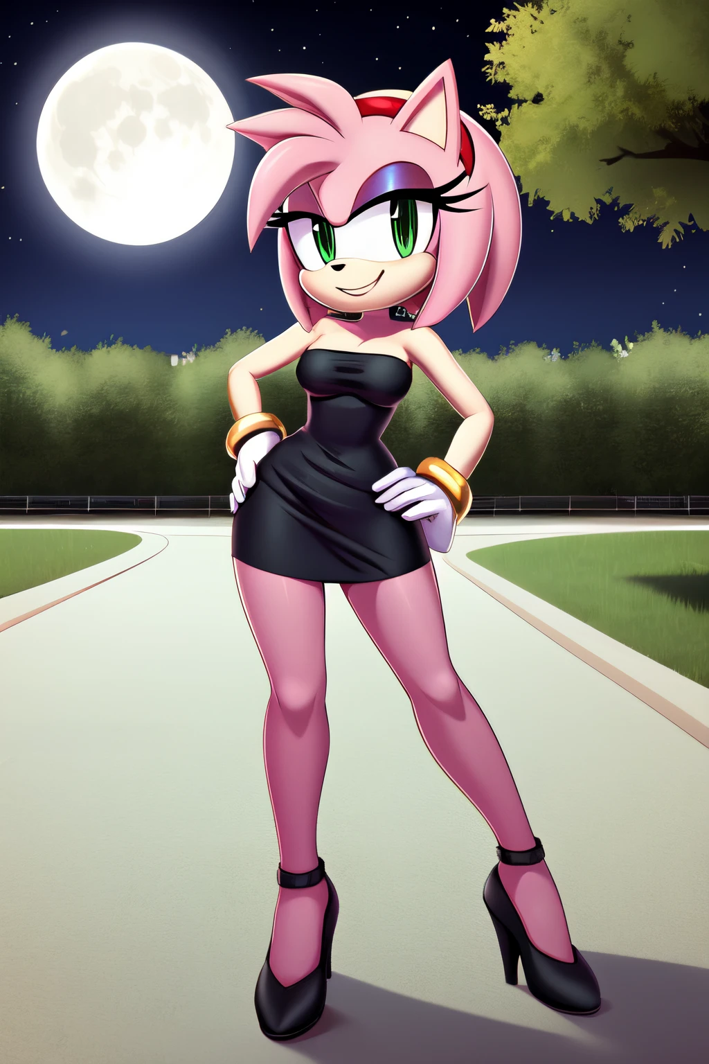 full body, Amy Rose, seductive, medium breast, bare shoulder, little black dress, strapless dress, short bodycon dress, skin-tight dress, black high heels, full moon, at night, park background smile, hand on hip, 2D illustration