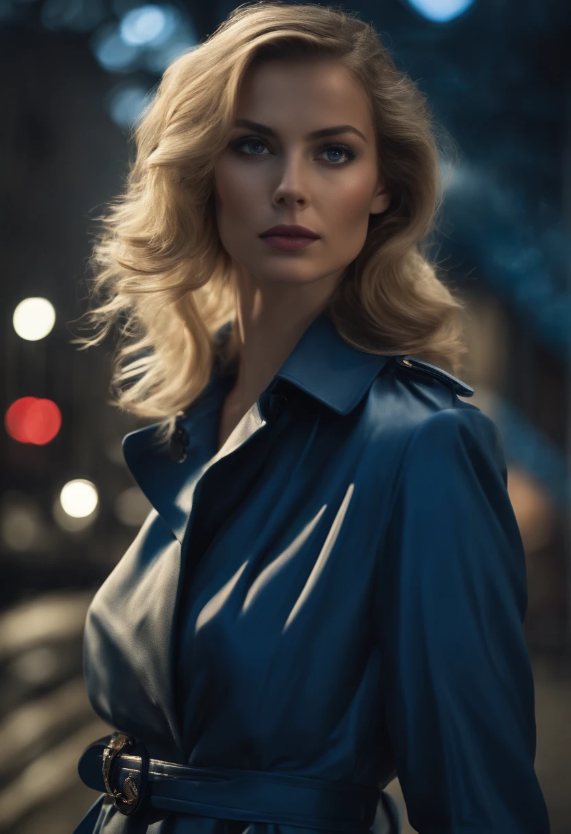 (Best quality, Masterpiece),(1fille, Trench-coat,expression visage, yeux bleus, Regarder le spectateur, cheveux noirs, mouth closed, chemise, Jupe noire, main au spectateur), (Less blue light, Swrling many pieces of blue glass behind, objets flottants, Ciel nocturne)
