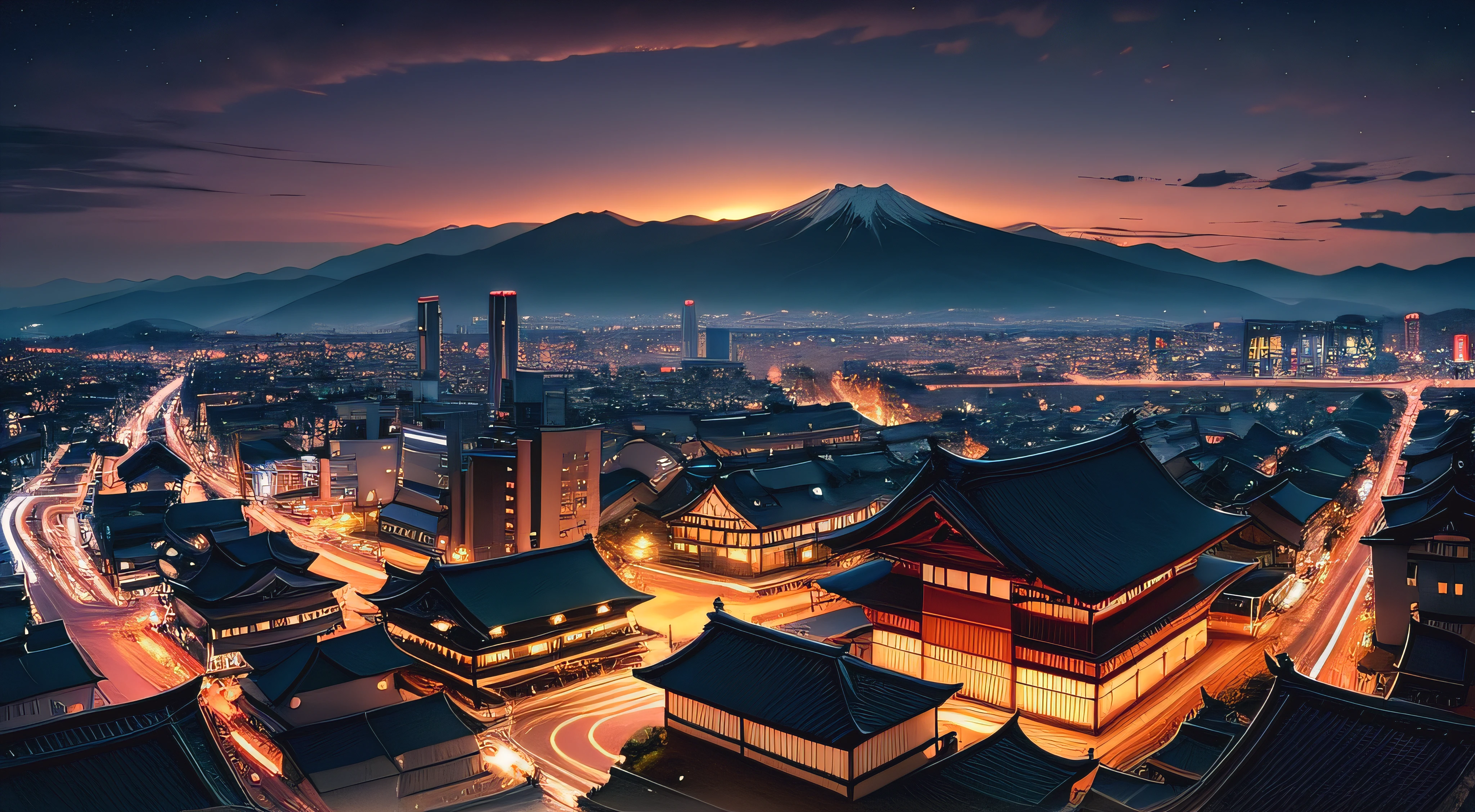 nighttime panoramic view of a picturesque Japanese city, traditional Japanese buildings,