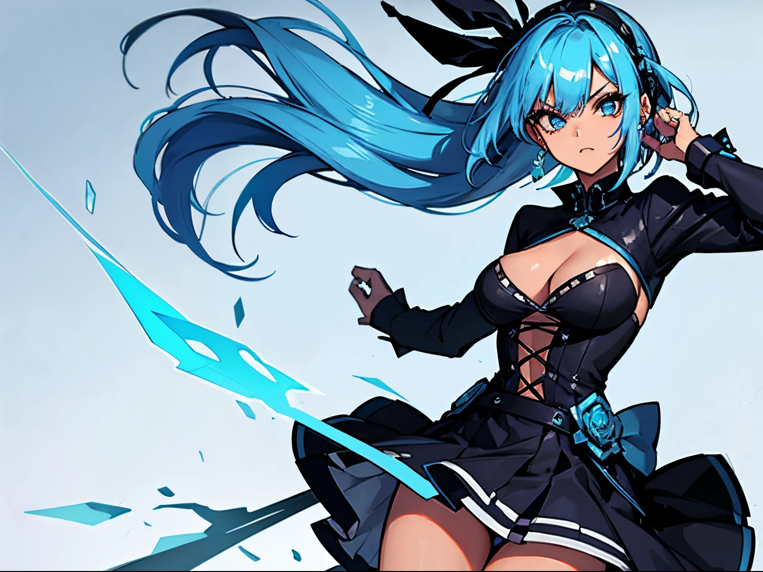 Girl with Ice Blue Glacier Hair, Wearing a Goth dress, Blue hair, Menacing look, Tanned Skin