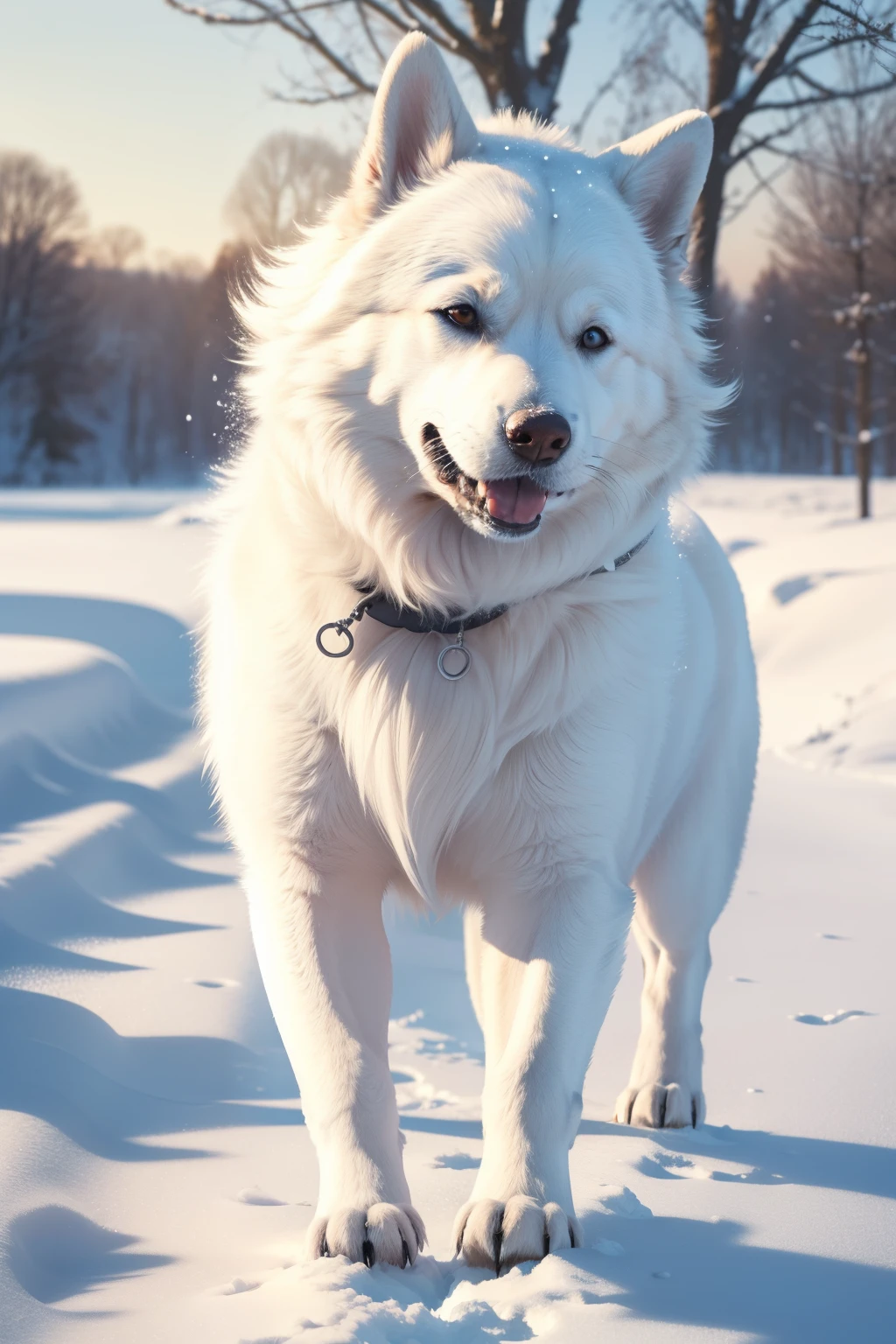 (best quality,4k,8k,highres:1.2),ultra-detailed,(realistic,photorealistic,photo-realistic:1.37),dog,walking,snow-covered landscape,playful,glistening snow,crisp winter air,fluffy snowflakes,golden winter light,warm fur,joyful expression,delicate paw prints,frosty breath,blissful freedom,peaceful silence,footprints trailing behind,canine friend,beautiful winter scene,vivid colors,chilly atmosphere