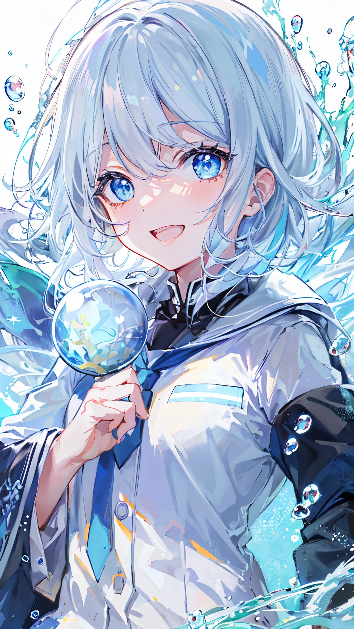 ((top-quality)), ((masterpiece)), ((ultra-detailliert)), (Extremely delicate and beautiful), girl with, 独奏, cold attitude,((Black jacket)),She is very(relax)with the(Settled down)Looks,depth of fields,Evil smile,Bubble, under the water, Air bubble,Underwater world bright light blue eyes,inner color with bright gray hair and light blue tips,,,,,,,,,,,,Cold background,Bob Hair - Linear Art, shortpants、knee high socks、White uniform like school uniform、Light blue ribbon ties、Clothes are sheer、Hands in pockets、Bright eyes like sapphire,Fronllesse Blue, A small blue light was floating、fantastic eyes