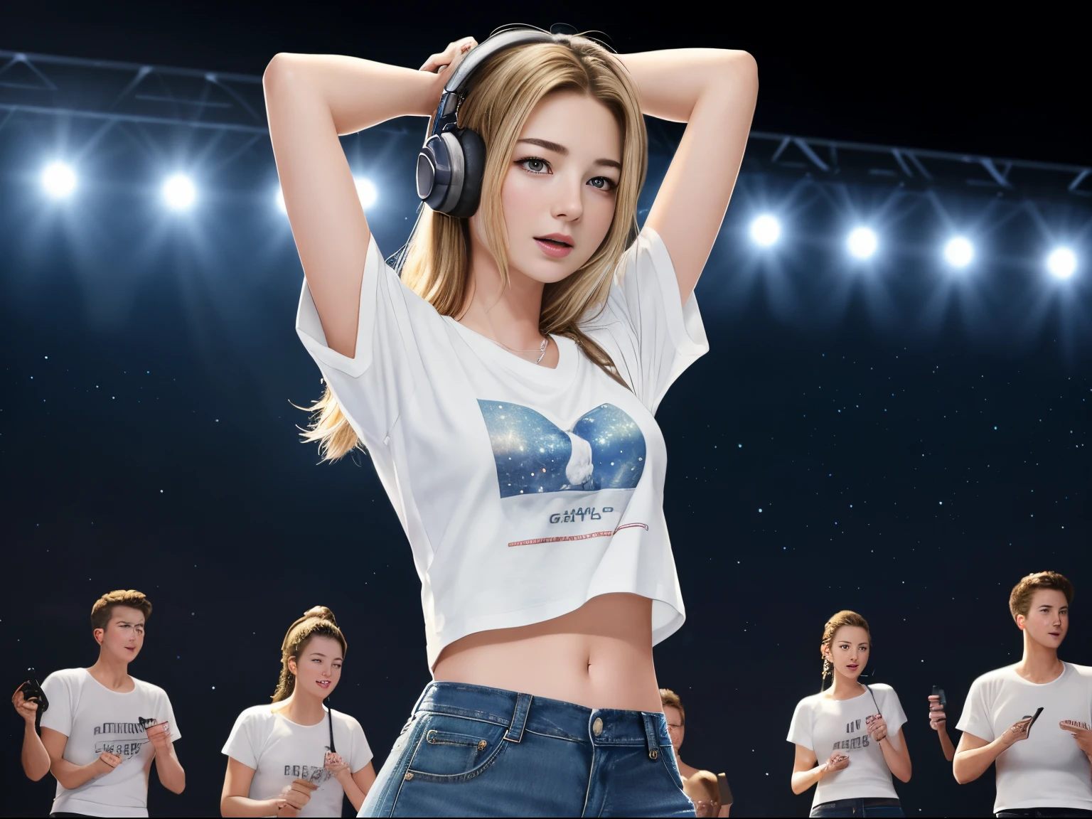 top quality 32k raw photo of 18-year-old Emily VanCamp wearing white T shirt and jeans skirt and headphone. navel look. she is on the stage dancing. night. starry sky.