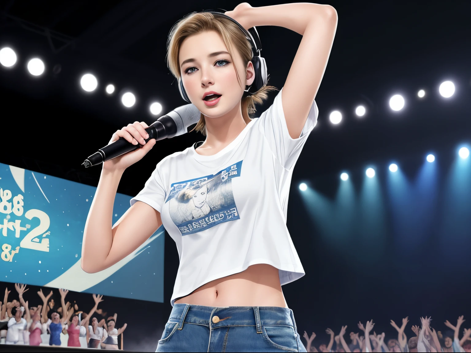 top quality 32k raw photo of 18-year-old Emily VanCamp wearing white T shirt and jeans skirt and headphone. navel look. she is on the stage dancing. night. starry sky.