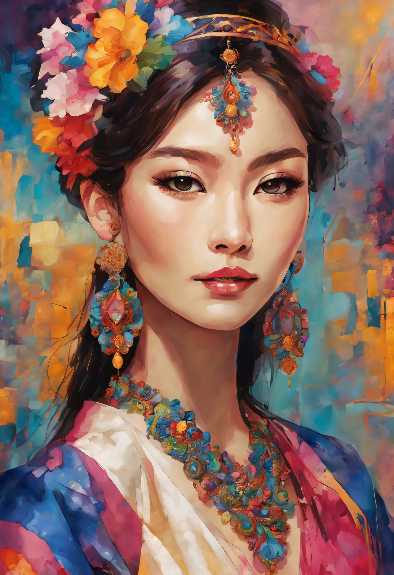 (Majestic Portrait, Premium Craftsmanship, Epitome of Quality, Official Artwork, Aesthetic Beauty: 1.2), (Elegant Solo Portrait: 1.3), Incredibly Detailed, (Fractal Splendor: 1.1), (Vibrant Colors: 1.1), Utmost Detail Precision, (Zentangle Mastery: 1.2), (Dynamically Poised), (Abstract Marvel: 1.5), (Japanese Elegance: 1.2), (Radiant Skin), (Multicolored Harmony: 1.4), (Ornate Earrings: 1.4).