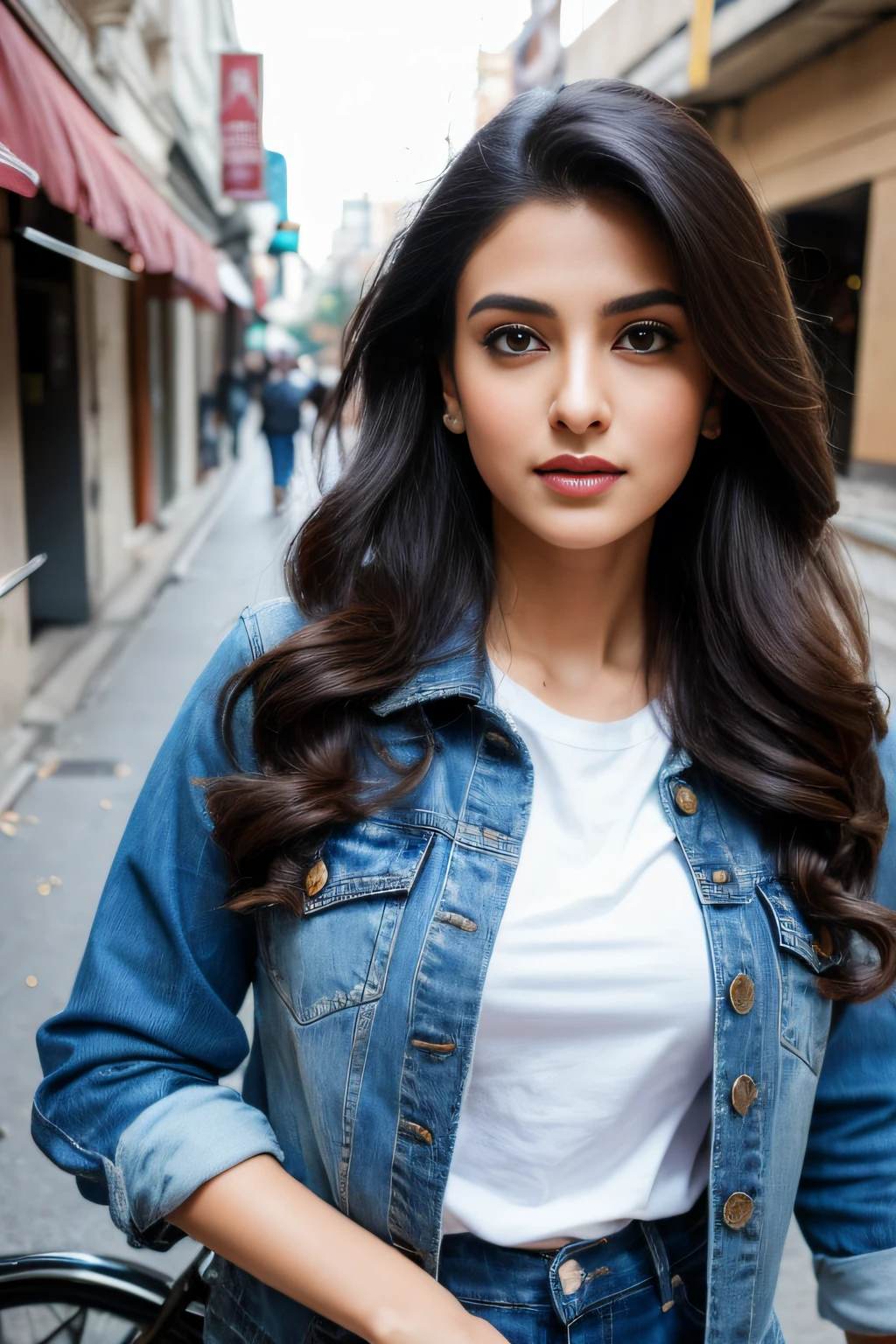 Portrait of A confident-looking indian princess with long flowing hair, hazel eyes, without flowing capes, wearing jeans, Levis t-shirt and a black leather jacket riding a motorcycle down a street, perfect composition, hyperrealistic, super detailed, 8k, high quality, trending art, trending on artstation, sharp focus, studio photo, intricate details, highly detailed