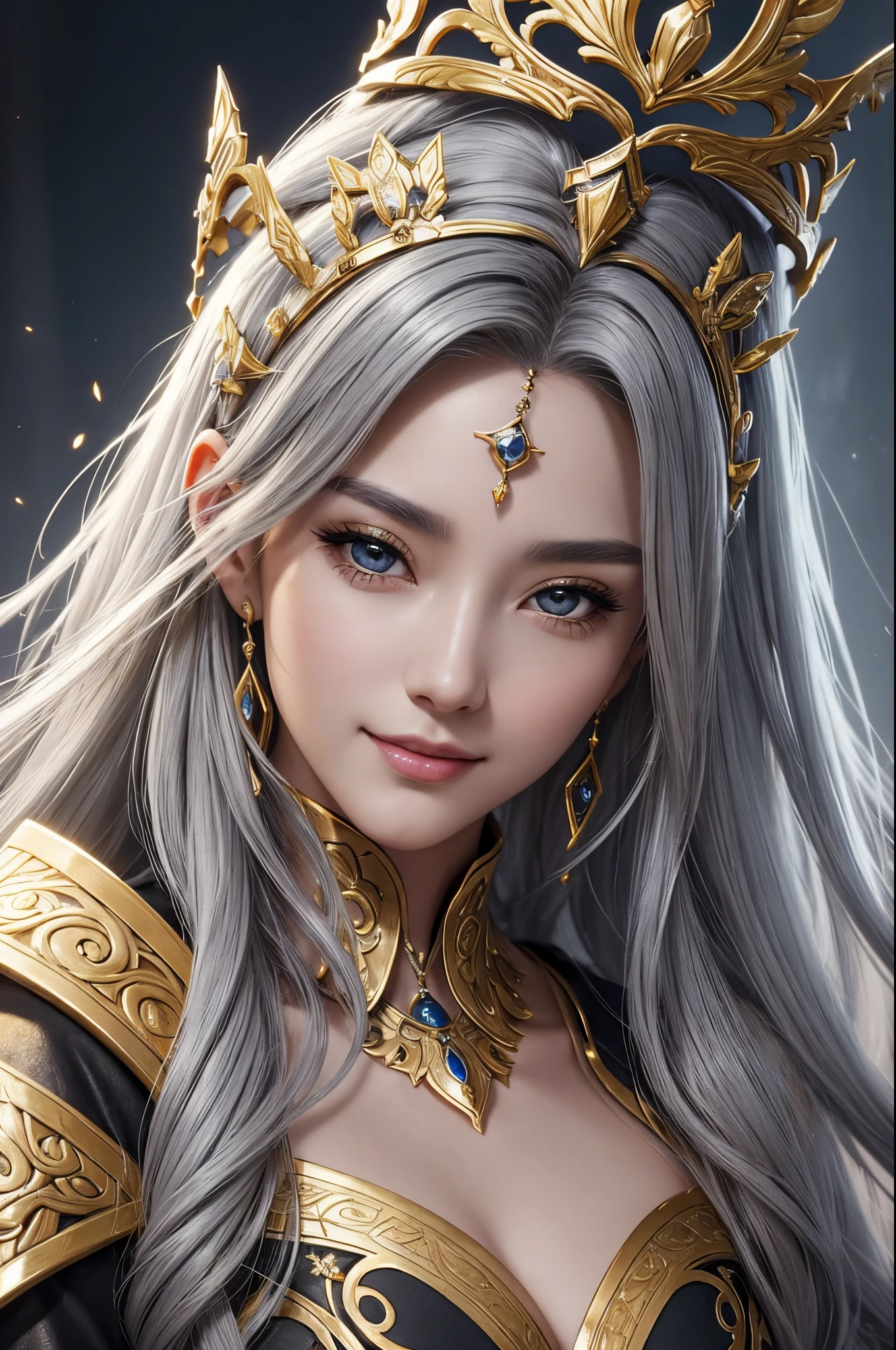 8K,tiny chest,gray long hair,Close-up of a woman in black and gold costume holding a pole, a beautiful fantasy empress, ((a beautiful fantasy empress)), small breasted gray haired goddess. extremely high detail, goddes, extremely detailed goddess shot, ig model | ArtGerm, Trending on CGSTATION, chengwei pan on artstation, Leo gorgeous gray haired goddess, beautiful gray haired goddess, luxurious white and gold cloak,超A high resolution,super realistic skin,Beautiful expression,Fantasyart,a smile(Like the real thing),gray long hair,small breasted goddess,straight haired,Golden Eyes,