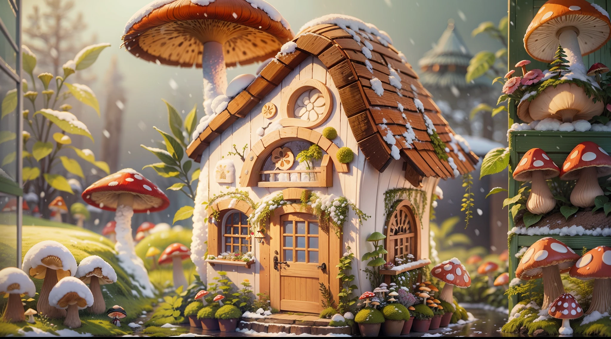 fairy tale picture book，Cogumelos，mushroom house，bit girl，yuki，Oyuki，snow cover，Winters，Flowers，a plant，high high quality，16K resolution，（Best quality），（tmasterpiece），ultradetailed，Detailed pubic hair，Accurate