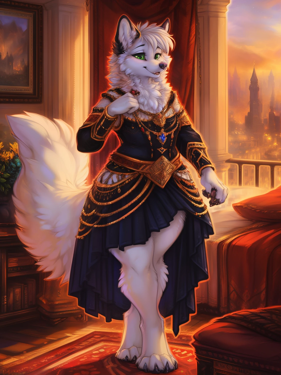 (by hioshiru and kenket and dimwitdog, michael amp inessa garmash, ruan jia, pino daeni, chunie) ,arctic fox, anthro, castle background, king, crown, chubby, blue royal outfit, green eyes , curvy thighs, huge thighs, big butt, big tail, clothed, blue royal gown, hand on hip, night,