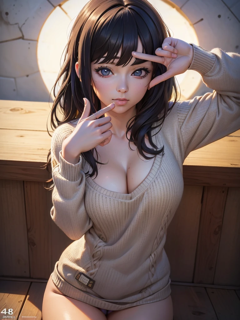 (best quality,4k,8k,highres,masterpiece:1.2),ultra-detailed,(realistic,photorealistic,photo-realistic:1.37),2D,sketch art,anime girl,black hair,busty,medium breasts,cleavage,POV,close-up,sweater,vivid colors,soft lighting