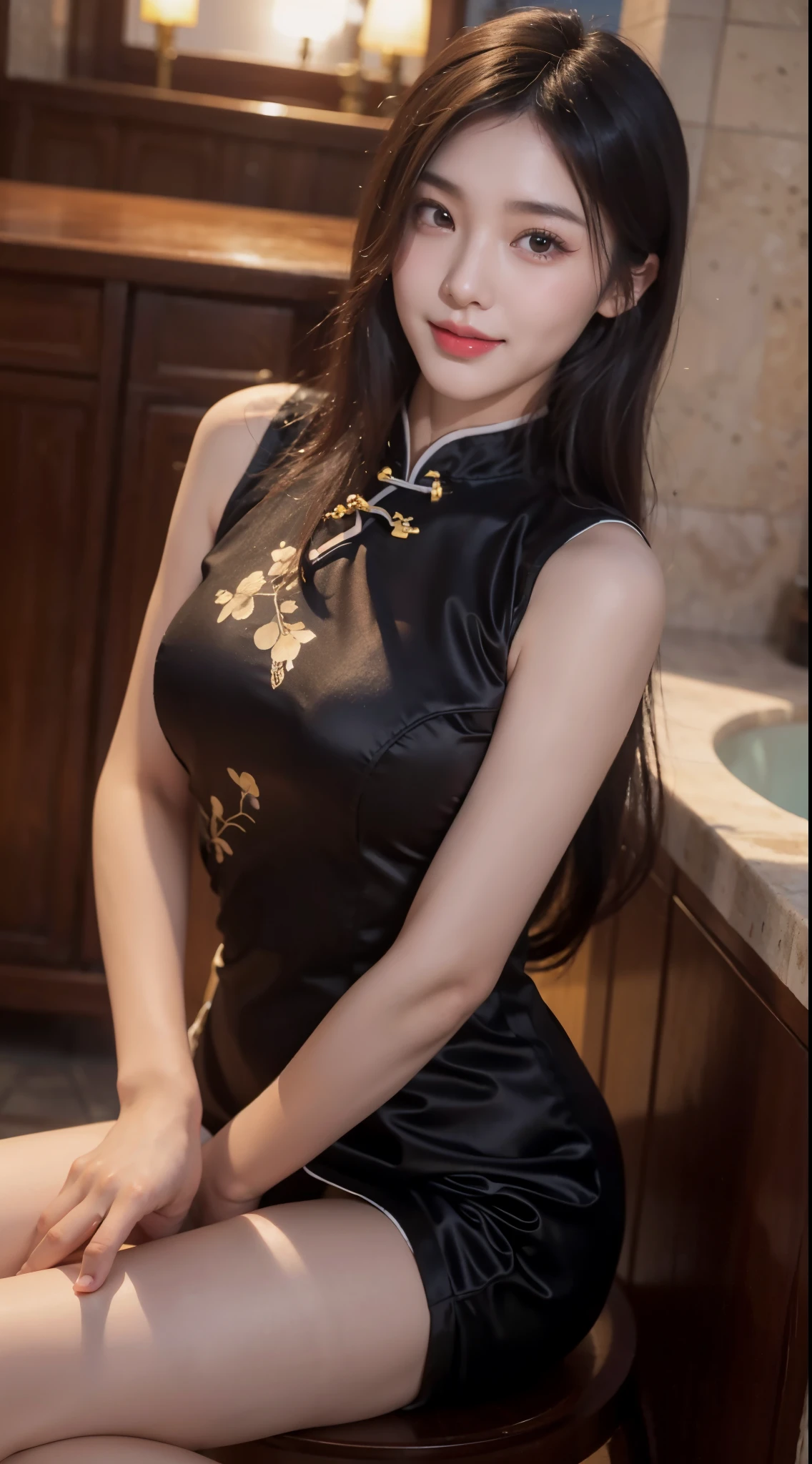 Woman in cheongsam，long leges，mediuml breasts，face to the viewer，close your mouth and smile，with a round face, In the bathroom