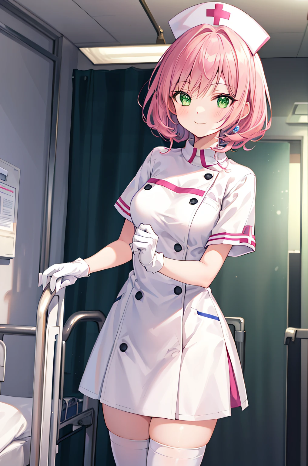 1girl, solo, nurse, nurse cap, white wear, ((white legwear, zettai ryouiki)), white gloves, pink hair, green eyes, drooping eyes, smile, standing, ((hospital room)), sharp outline, short sleeves, best quality, masterpiece