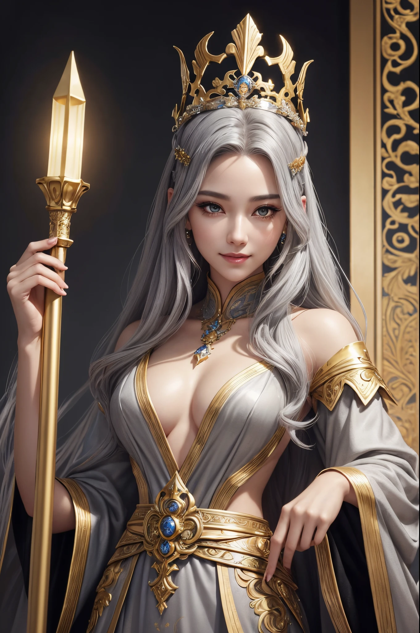 8K,tiny chest,gray long hair,Close-up of a woman in black and gold costume holding a pole, a beautiful fantasy empress, ((a beautiful fantasy empress)), small breasted gray haired goddess. extremely high detail, goddes, extremely detailed goddess shot, ig model | ArtGerm, Trending on CGSTATION, chengwei pan on artstation, Leo gorgeous gray haired goddess, beautiful gray haired goddess, luxurious white and gold cloak,超A high resolution,super realistic skin,Beautiful expression,Fantasyart,a smile(Like the real thing),gray long hair,small breasted goddess,straight haired,Golden Eyes,