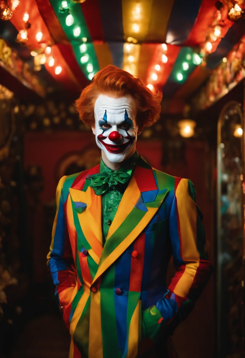 The image is of Jerome standing in front of a funhouse mirror, wearing a colorful, distorted clown mask and grinning maniacally.,Gotham TV series,Jerome is tall, pale, has short ginger hair, famously portrayed by Cameron Monaghan, male