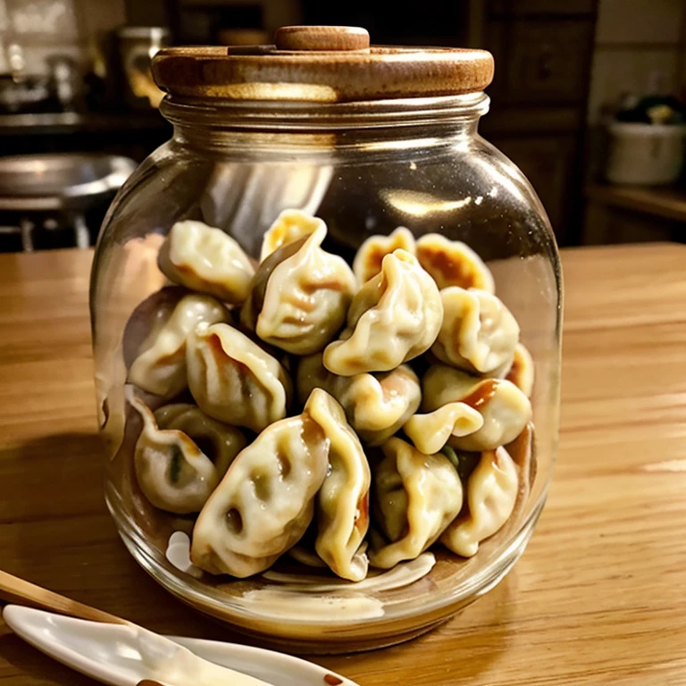 Description: SCP-5732 is a collection of thirty (30) small noodle dumplings of various shapes and sizes, each contained within a ceramic jar marked with a faded label reading "Grandma Mei's Dumplings.