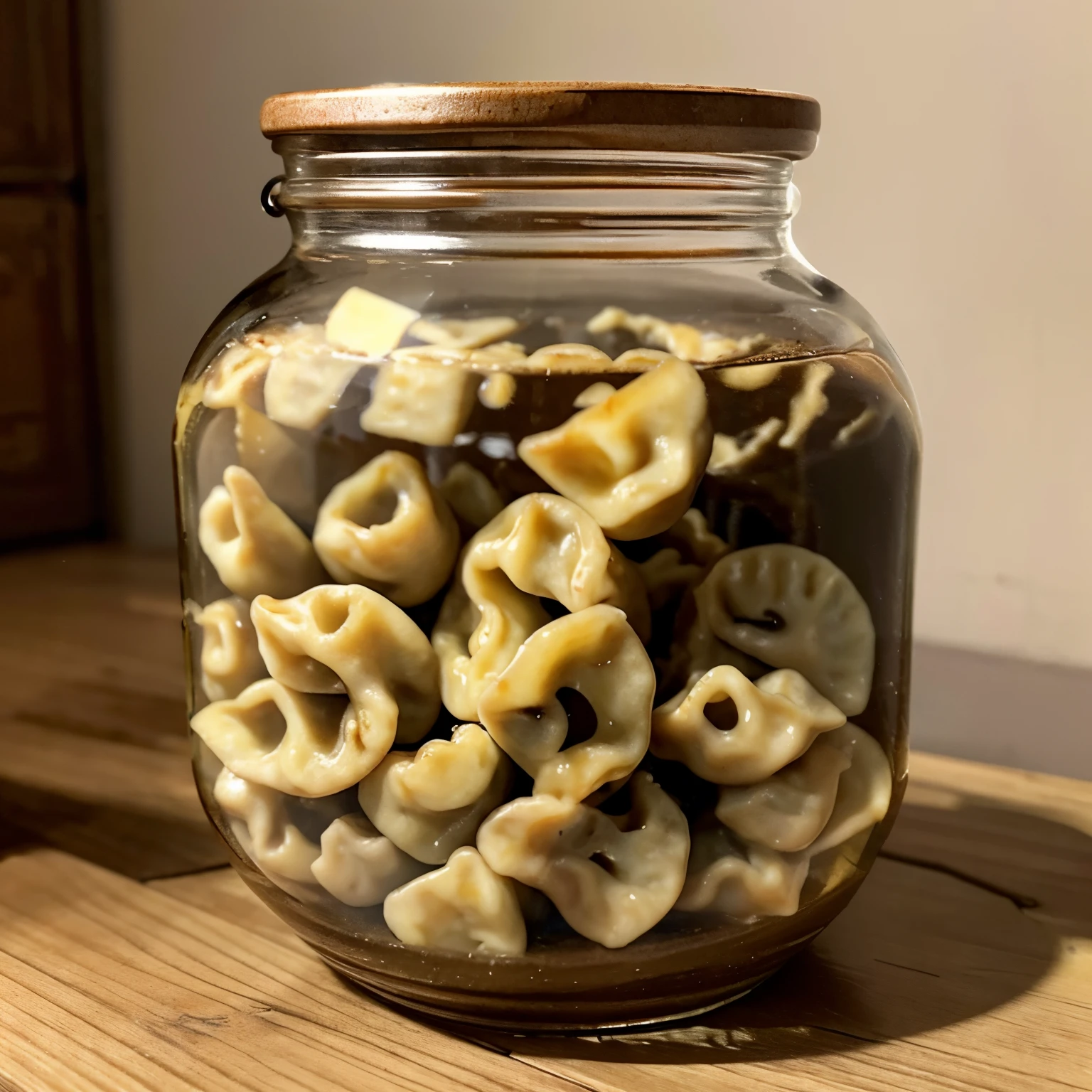 Description: SCP-5732 is a collection of thirty (30) small noodle dumplings of various shapes and sizes, each contained within a ceramic jar marked with a faded label reading "Grandma Mei's Dumplings.