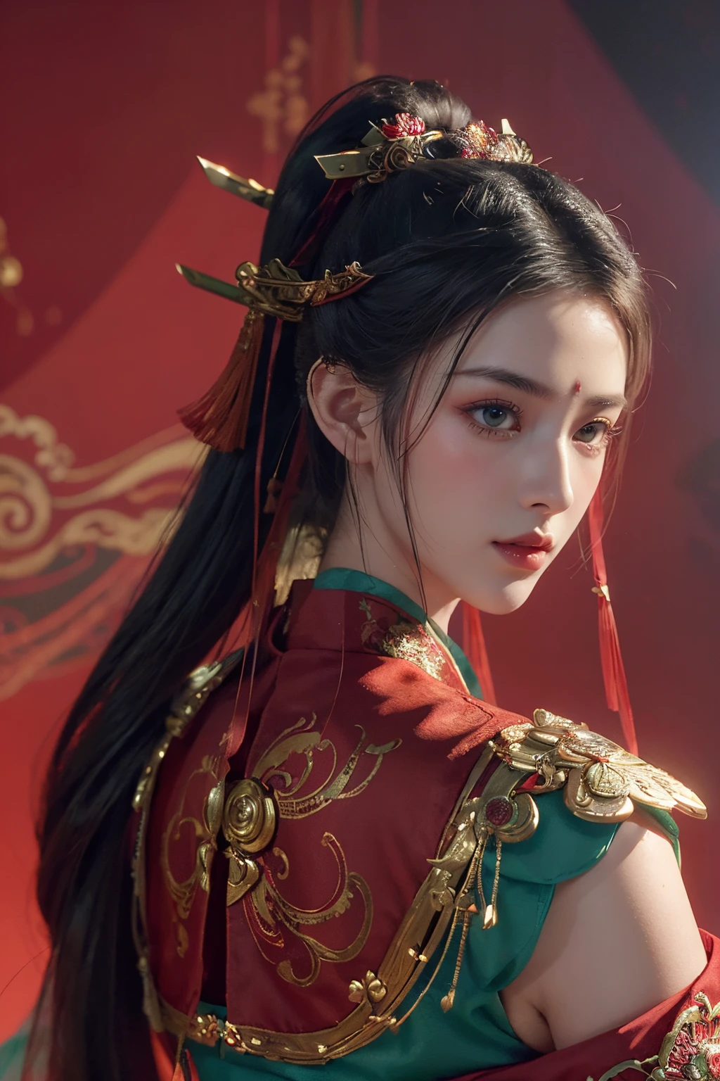 tmasterpiece,Best quality,A high resolution,8K,(portrait),(Close up of avatar),(Original photo),real photograph,(Clothing that combines ancient style with science fiction style),digital photography,Full body lesbian,18yo Girl,Long ponytail hairstyle,through bangs,Beautiful black and red gradient hair,green-eyed,iintricate,elegant and charming,The content is very detailed,Exquisite accessories,Metallic jewelry,Red streamer,Clothing that combines technology and antique style,Crop topping,cropped shoulders,Openwork design,Chinese style Hanfu,mechanical structure,Silk streamers,cyber punk personage,ancient fantasy,Photo pose,stately,Redlip,metalictexture,oc render reflection texture,Fantasy and gorgeous cosmic background