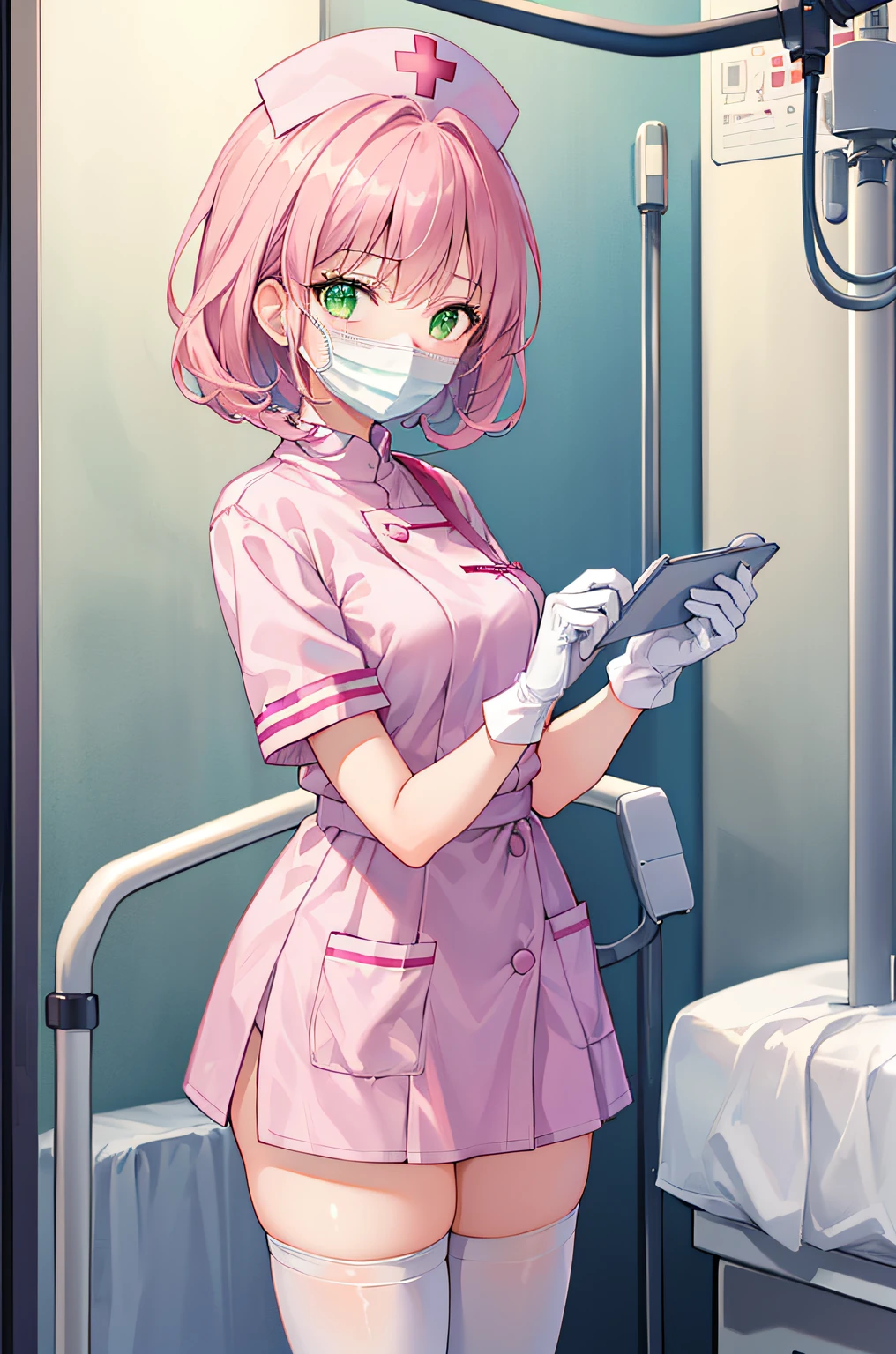 1girl, solo, nurse, nurse cap, white wear, ((white legwear, zettai ryouiki)), white gloves, pink hair, green eyes, drooping eyes, ((white surgical mask, covered nose)), standing, ((hospital room)), sharp outline, short sleeves, best quality, masterpiece