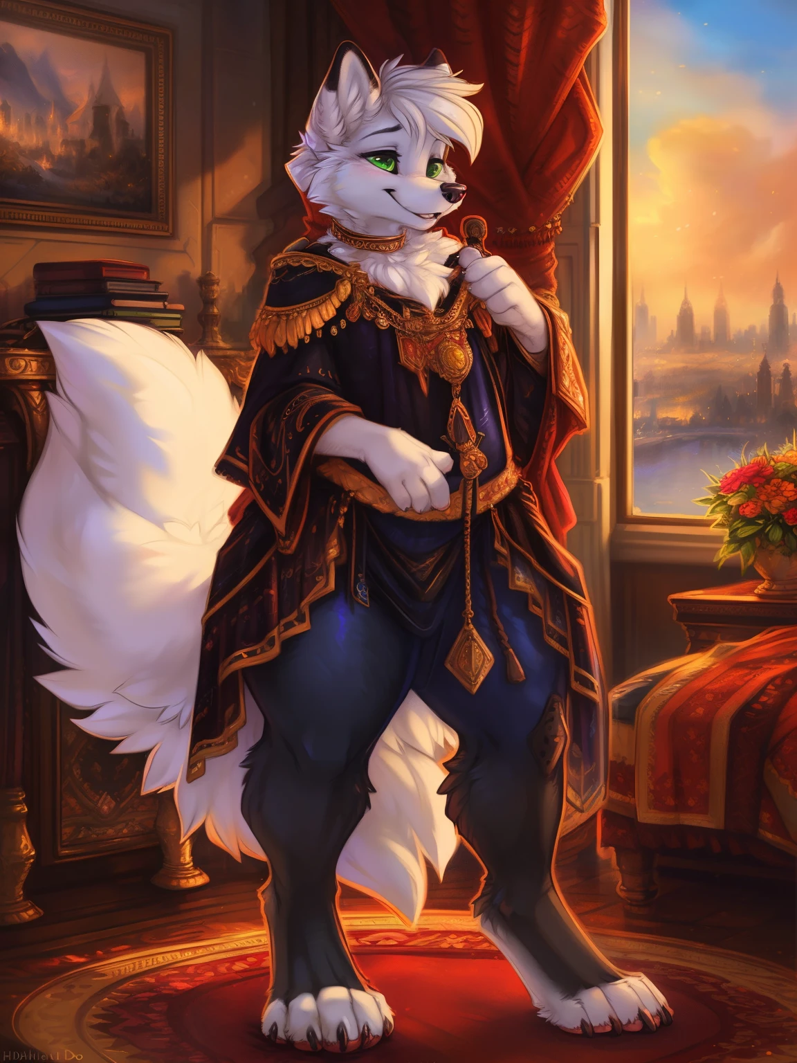 (by hioshiru and kenket and dimwitdog, michael amp inessa garmash, ruan jia, pino daeni, chunie), arctic fox, anthro, very chubby, thick thighs, big thighs, big butt, huge butt, green eyes, hair, big tail, long tail, fluffy tail , city background ,bedroom ,black royal clothes , pawpad, paws, king, standing, smiling,