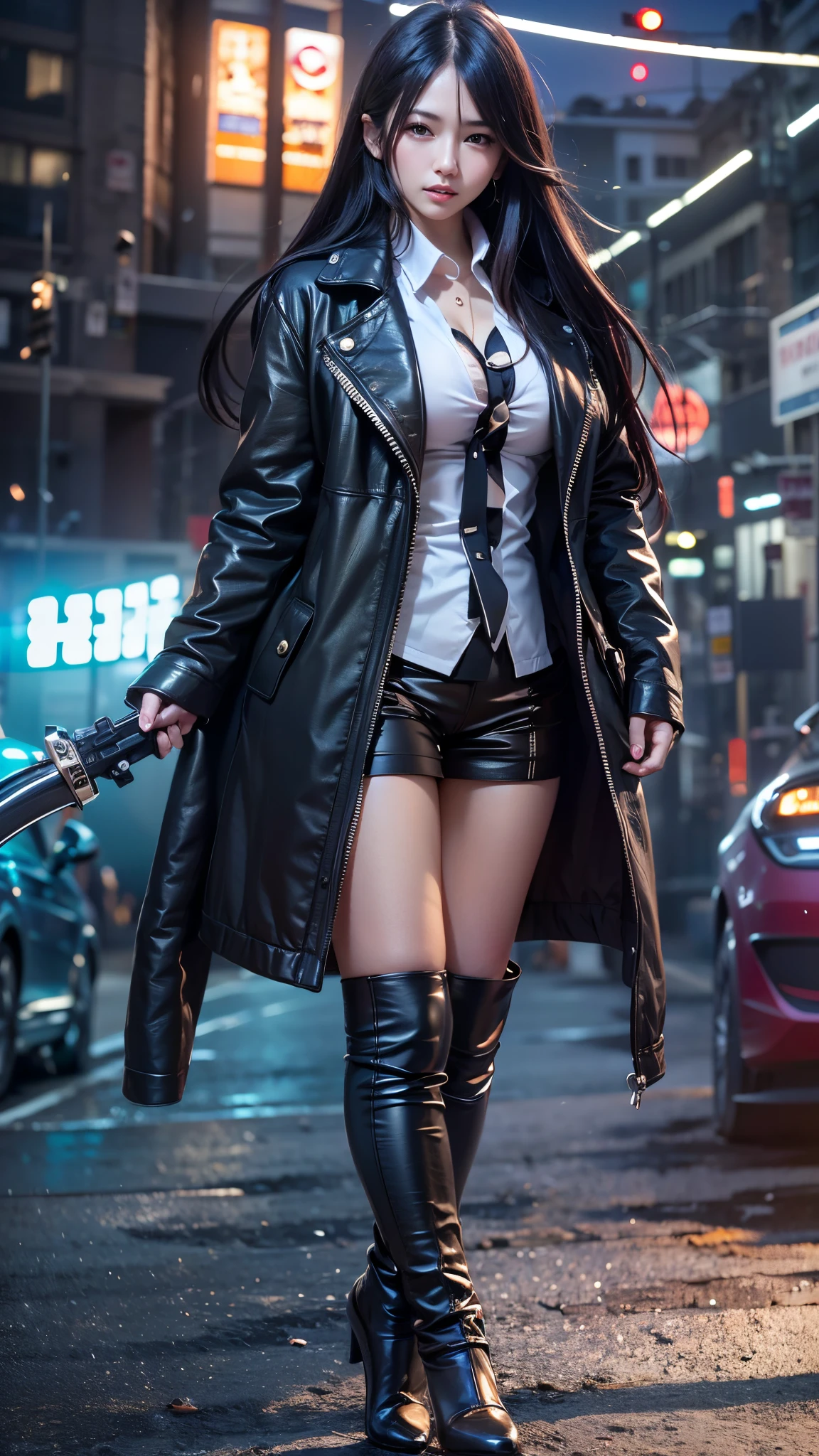 1 beautiful young girl, Super beautiful detailed face、 Symmetrical black eyes), hime cut hair, (Fine face:1.2), High quality, Realistic, Highly detailed CG unified 8K dendenden wallpaper, Highly detailed, High-definition raw color photos, Professional Photography, Realistic portrait, Cinematic Light, Beautiful detailed, Super Detail, high details, depth of fields, semi long hair、(thighs thighs thighs thighs、beauty legs)、Bare legs、 Super beautiful detailed face, KPOP Idol Face,(Best Quality, 4K, 8K, hight resolution, masutepiece:1.2), Ultra-detailed, (Realistic, Photorealistic, Photorealsitic:1.37), (Beautiful detailed eyes, Beautiful detailed lips, extremely detailed eye and face), (Big Tits, ultra gigantic tits, Super super big, Glamorous body), ((Black leather clothing、Black leather long coat)),(Long black straight hair, Shiny hair, Shiny skin), (Holding a weapon in your hands)、((Sharp eyes))、(midnight cyberpunk city)、(pointing weapon at the viewer)、(Midnight City)、Midnight City、leather thimble gloves、Dark
