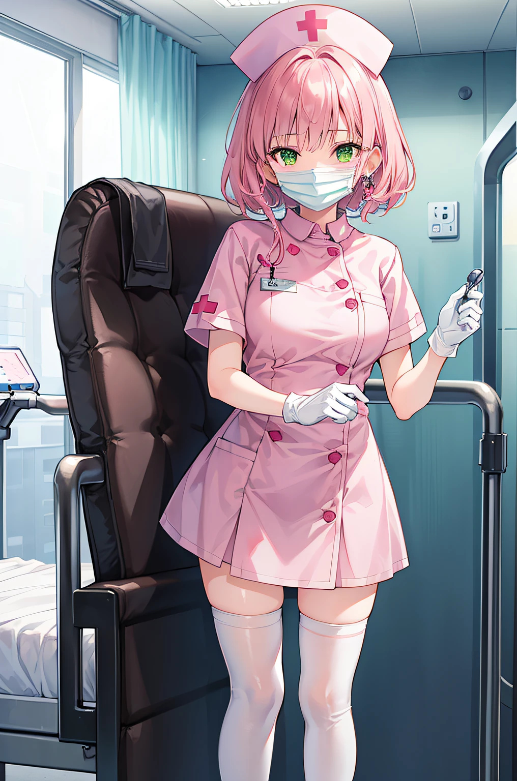 1girl, solo, nurse, nurse cap, white wear, ((white legwear, zettai ryouiki)), white gloves, pink hair, green eyes, drooping eyes, ((white surgical mask, covered nose)), standing, ((hospital room)), sharp outline, short sleeves, best quality, masterpiece