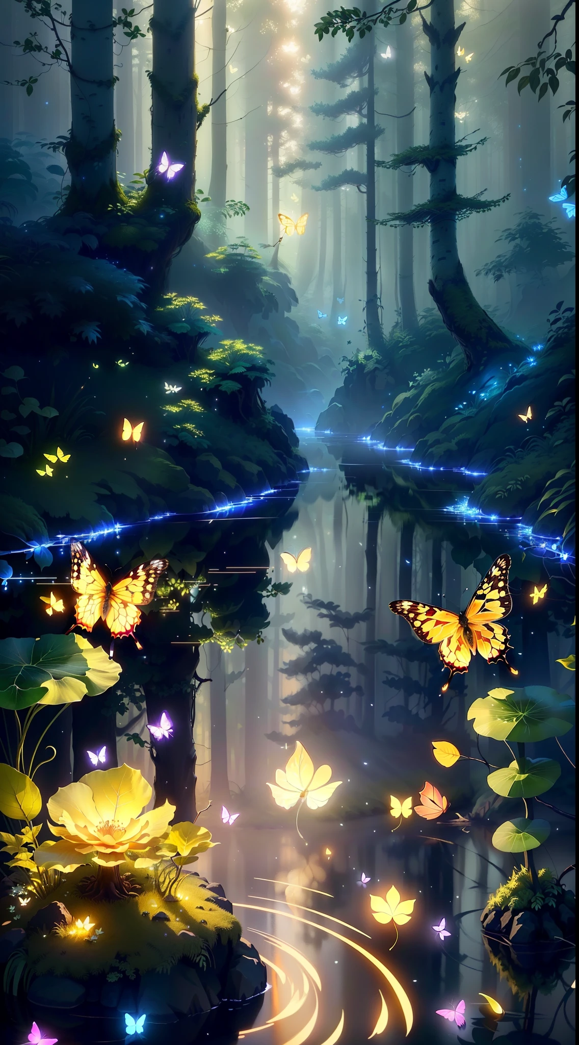 A masterpiece, the best quality, stunning reflections, the best reflections ever. (very detailed CG unity 8k wallpapers), (best quality), (best illustrations), (best shadows), forest theme with natural elements. Tall trees, quiet streams, small glowing mushrooms surrounded by delicate leaves and branches, with fireflies and glowing particle effects,, (natural elements), (jungle theme), (leaves), (twigs), (fireflies), butterflies, (delicate leaves), (glow), (particle effects). , Isometric 3D, Octane Rendering, Ray Traced, Super Detailed