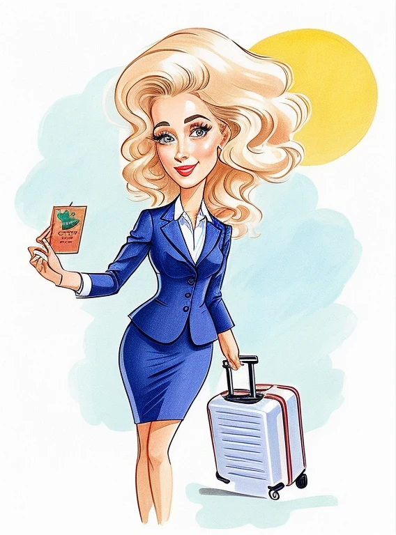 drawing of a woman in a suit with a suitcase and a plane, caricature illustration, charicatura, caricatura!!!, Retrato Corporativo, caricatura, Estilo de caricatura, professional illustration, caricatural, retrato dos desenhos animados, professional illustration, Directed by: Carla Wyzgala, in cartoon style, inspirado em Nil Gleyen, commercial illustration, professional sketch