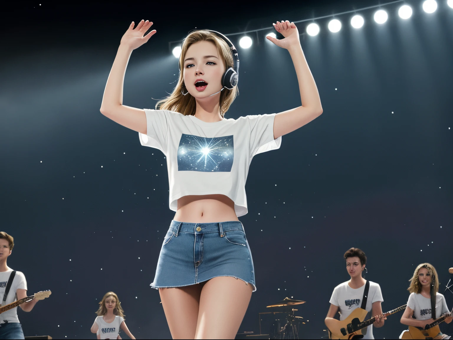 top quality 32k raw photo of 18-year-old Emily VanCamp wearing white T shirt and jeans skirt and headphone. navel look. she is on the stage dancing. night. starry sky.