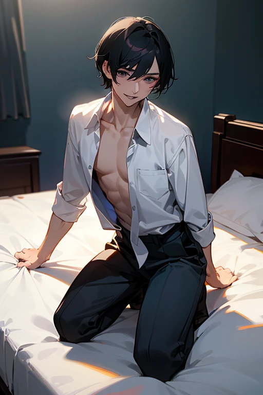 1 Boy, dark hair, short hair, white shirt, black slacks, on sheets, kneeling, seiza, (bare one's shirt:1.0), (open clothes:1.5）, cool, (sexy:1.3), Fascinating, evil smile,(parted lips), pale skin,(background: on bed in bedroom), (Facing forward.:1.0),(Looking forward:1.0), Turn body to the front, (night:1.2),cinematic lighting,high quality, high resolution, masterpiece