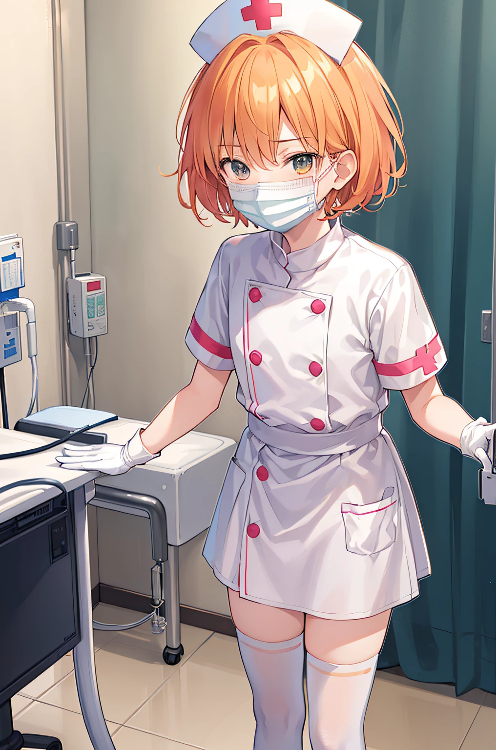 1boy, solo, male focus, nurse, nurse cap, white wear, ((white legwear, zettai ryouiki)), white gloves, short hair, orange hair, ((white surgical mask, covered nose)), standing, ((hospital room)), sharp outline, short sleeves, shota, , best quality, masterpiece