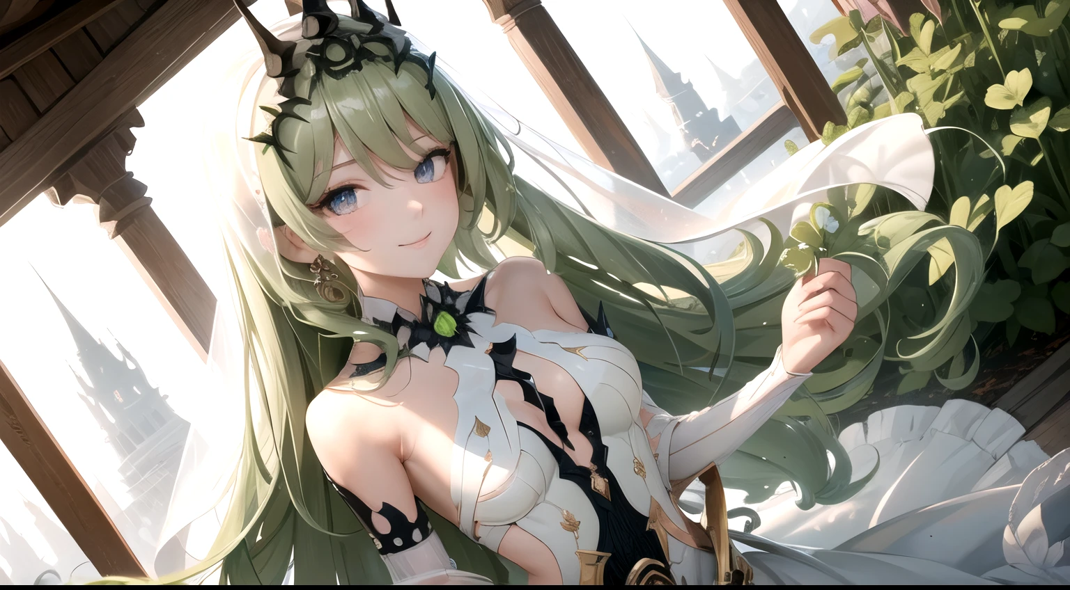 high detail, symmetrical, masterpiece, best quality, mobius (honkai impact), honkai (series), honkai impact 3rd, 1girl, solo, green hair, long hair, looking at viewer, small breasts, same eye colour, wedding dress, outdoors, bridal veil, long dress, white dress, hoop skirt, clover, seductive smile, cleavage, extremely detailed, dramatic lighting, beautiful, super resolution