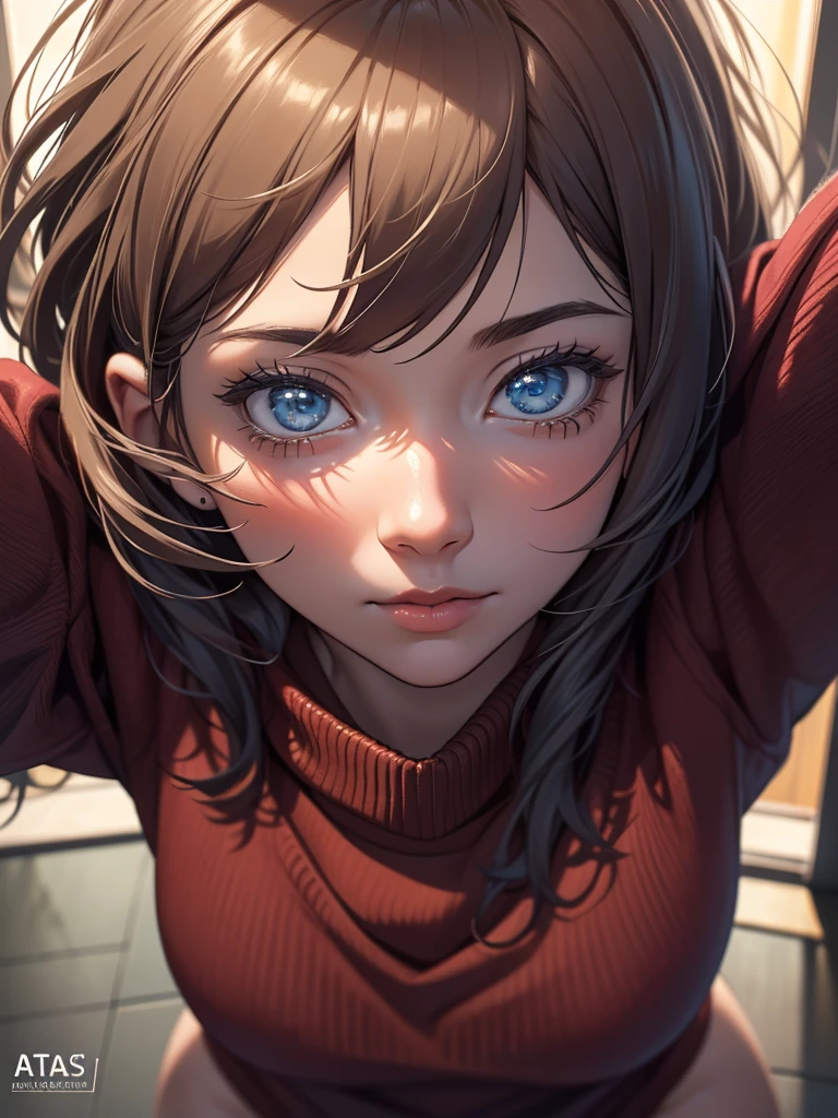 (best quality,4k,8k,Altas,master part:1.2),ultra-detalhado,(Realistic,fotorrealista,photo-realistic:1.37),2D,sketch art, anime,cabelos pretos,peituda,medium breasts,clivagem,Pov,Close-up,sweater,vivid colors,soft lighting