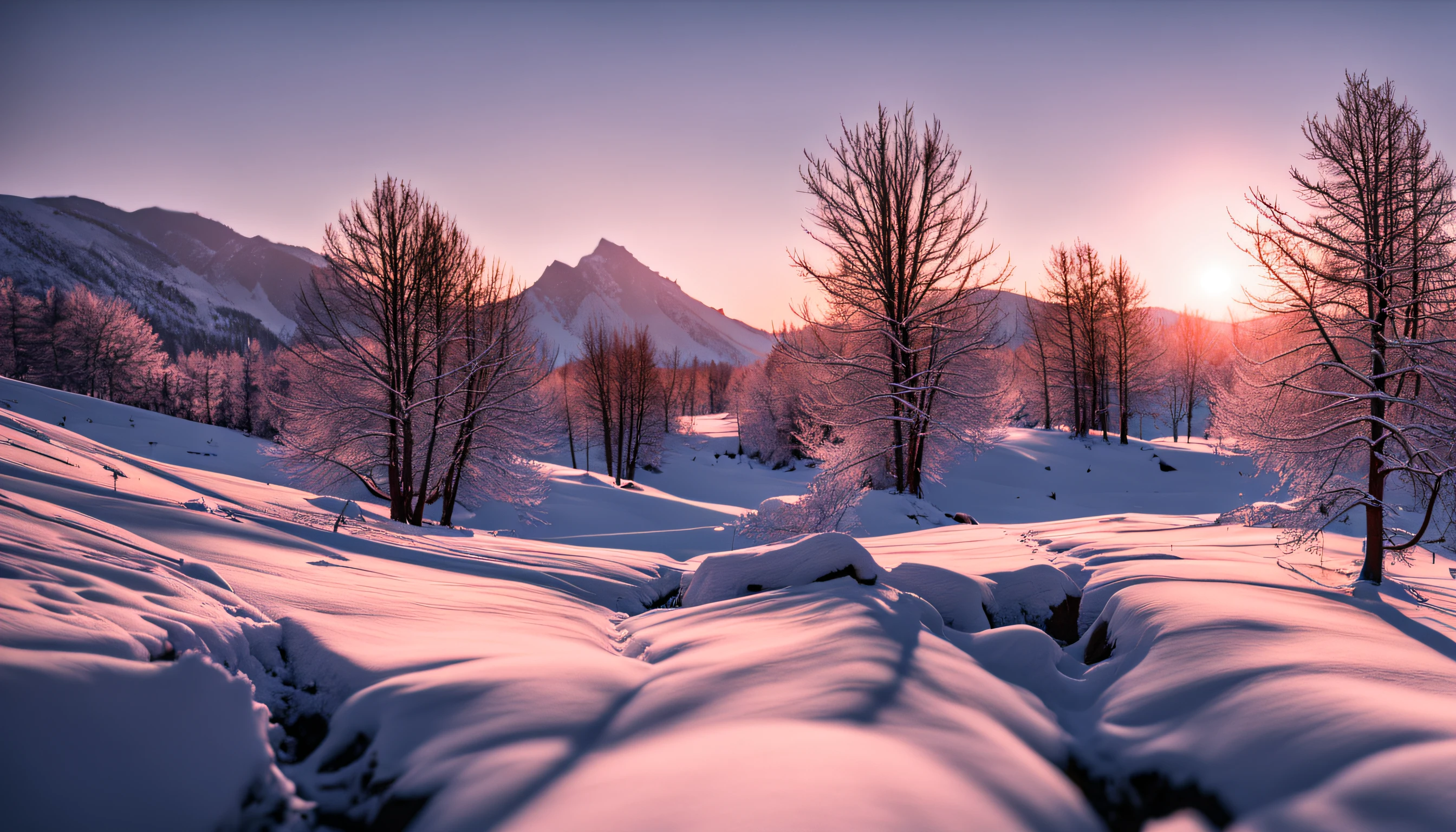 minimalist landscape, bare trees forest, extremely detailed wallpaper of cg unity 8k, award winning photography, void, shallow depth of field, extremely detailed, popular on art stations, intricate complex, high detail texture, snow, a tranquil river flows through the sparse, rime ice, big red house, scenery, mountain, no humans, outdoors, The Snow Mountain of Sunrise, wide angle lens, chromatic aberration, masterpiece, best quality, high quality