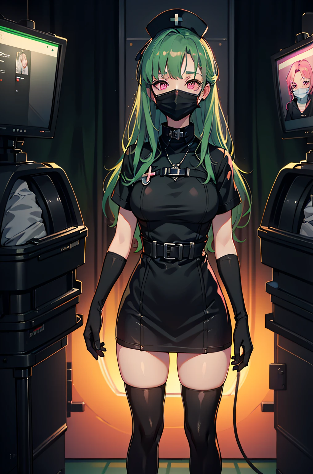 black nurse, 1woman, solo, black nurse cap, black wear, ((black legwear, zettai ryouiki)), black elbow gloves, forehead, long hair, green hair, pink eyes, ((black surgical mask, covered nose)), standing, ((surgery room)), sharp outline, short sleeves, mature female, 35 years old, best quality, masterpiece