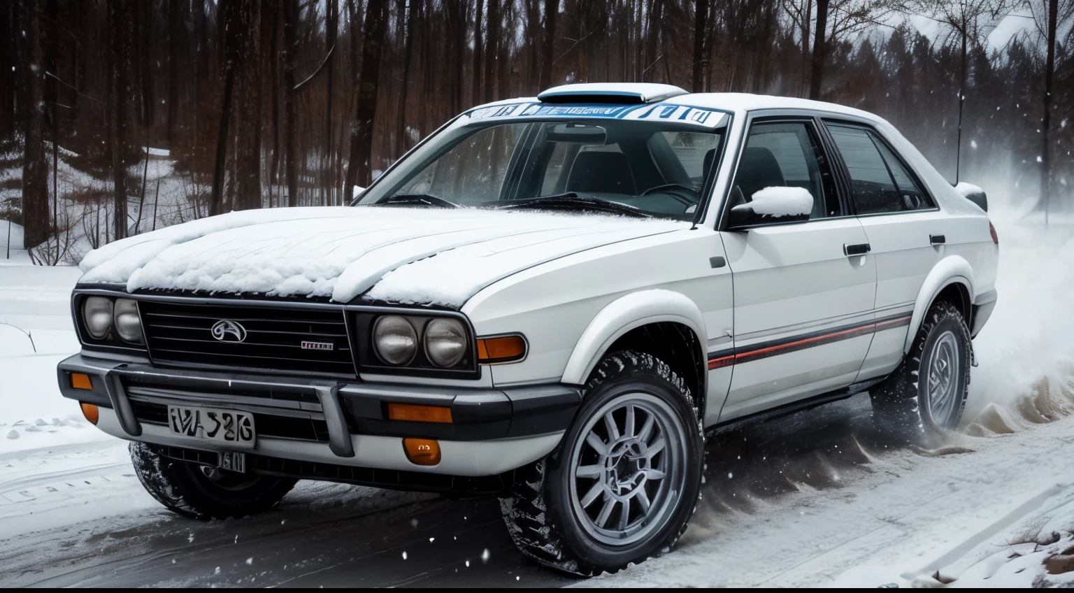 rally cars covered with thick snow