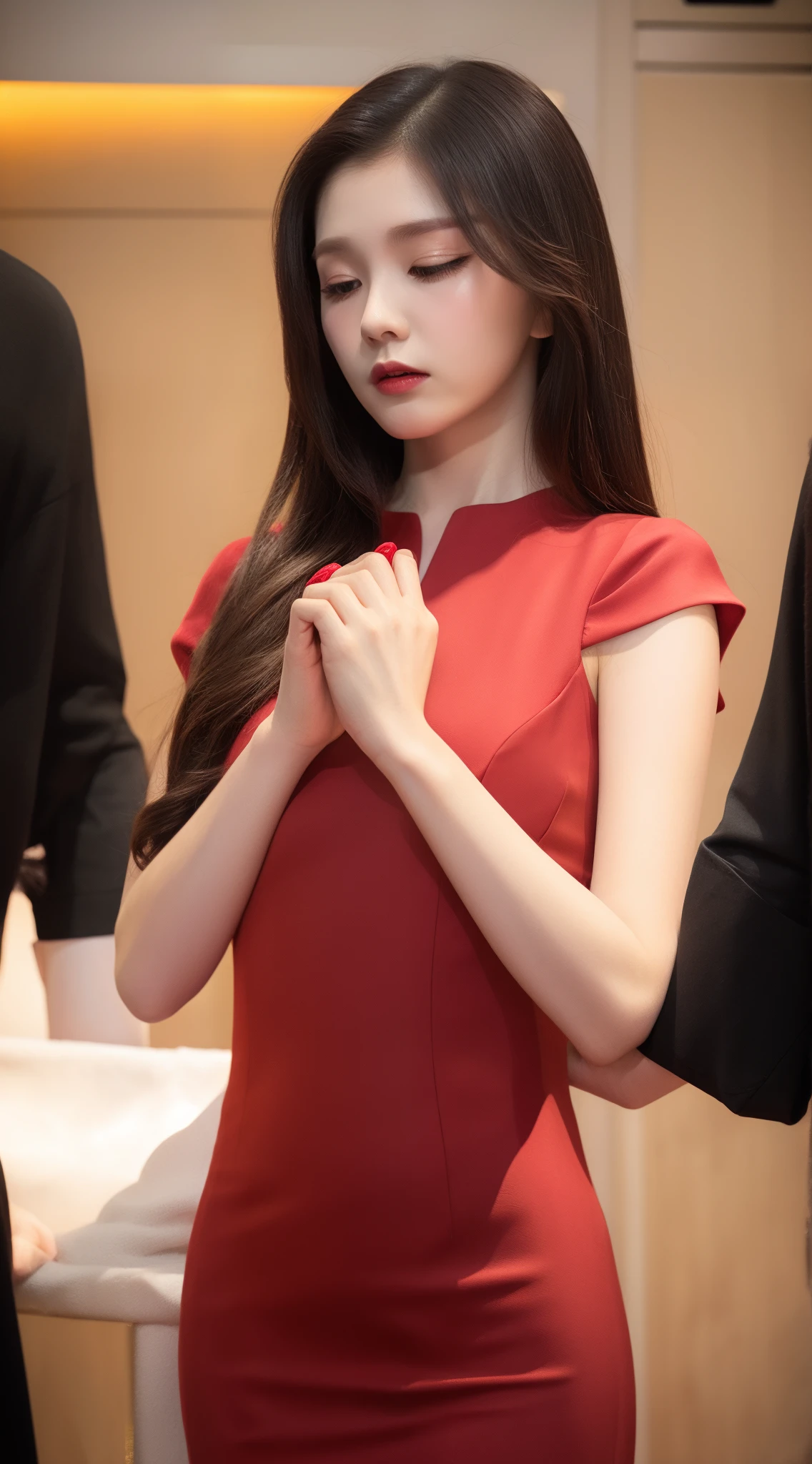 Hand folded, prayer of faith, detailed fingers, Slender fingers, normal finger length, Normally five fingers per hand., Red dress