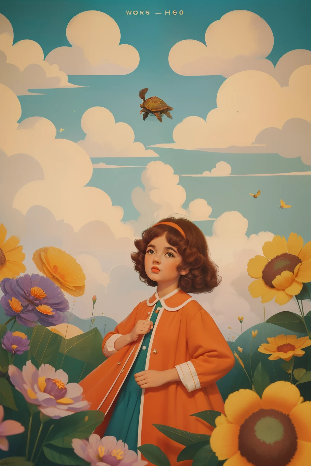 1965, Italy. ((wide view)). Pre-raphaelite, ((( turtle))), outside a roman anphiteatre, ruins, ((((10-year-old)) Momo)), (((homeless girl))), messy short curly hair, oversized coat, flying away, strong wind, ((((cloud made of big magical flowers)))), ((((big and unkempt Clothing from the 1960s)))), ((curly Hairstyle of the 1960s)), ((Wes Anderson cinematic style)), colorful, children playing in the distance