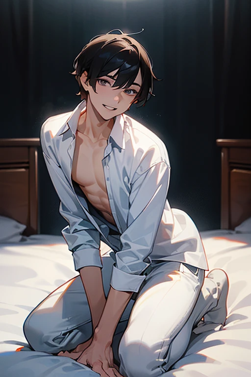 1 Boy, dark hair, short hair, white shirt, black slacks, on sheets, kneeling, seiza, (bare one's shirt:1.0), (open clothes:1.5), cool, (sexy:1.3), Fascinating, evil smile,(parted lips), pale skin,(background: on bed in bedroom), (Facing forward.:1.0),(Looking forward:1.0), Turn body to the front, (night:1.2),high quality, high resolution, masterpiece